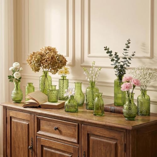 24PCS Mini Bud Vases As Wedding Centerpieces for Tables,Clear Bud Vases for Flowers,Small Flower Vases Suitable for Birthday Party,Anniversary,Wedding Reception,Baby Shower (Green, 24PCS)