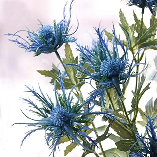 5 Pack Silk Artificial Thistle Flowers Eryngiums Faux Plants for Garden Wedding Prom Party Bouquet Floral Arrangement (Blue)