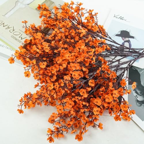 Uieke 6Pcs Artificial Fall Flowers Babys Breath Flower Bulk Fake Orange Silk Flowers Artificial Gypsophila Bouquet Floral for Home Festival Wedding Party Décor