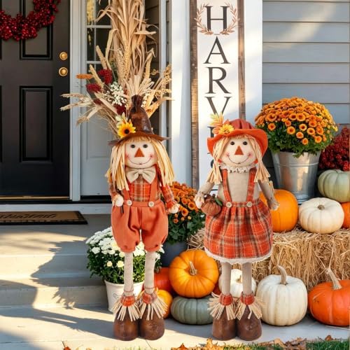 Juegoal 2 Pack Fall Decorations Standing Scarecrows with Stretchable Legs