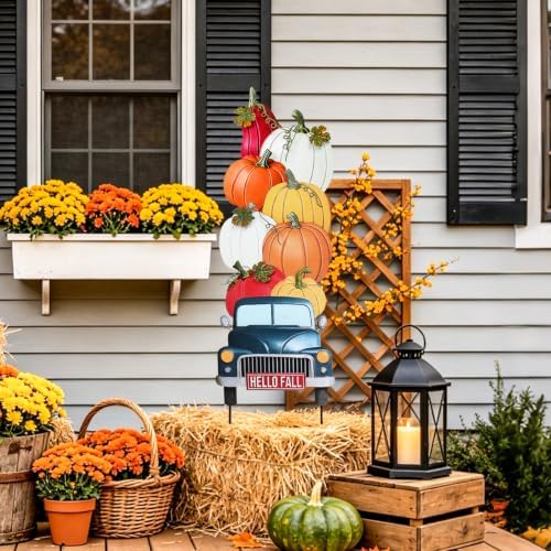 Fall Outdoor Garden Stake Decor, 36.6" Stacked Pumpkin Truck Yard Sign