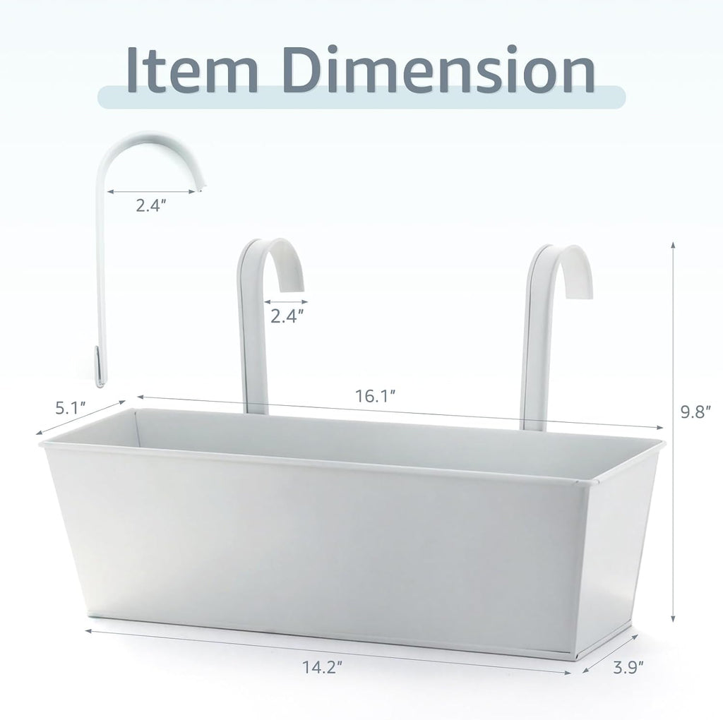 3 Pack Metal Railing Planters, 16 Inch Large Rectangular Hanging Flower Pots with Detachable Hooks & Drainage Holes