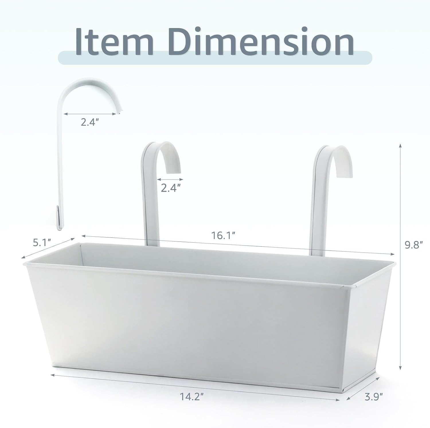3 Pack Metal Railing Planters, 16 Inch Large Rectangular Hanging Flower Pots with Detachable Hooks & Drainage Holes
