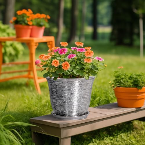 10 Inch Plant Pot, Ceramic Planter with Drainage Hole, Silver