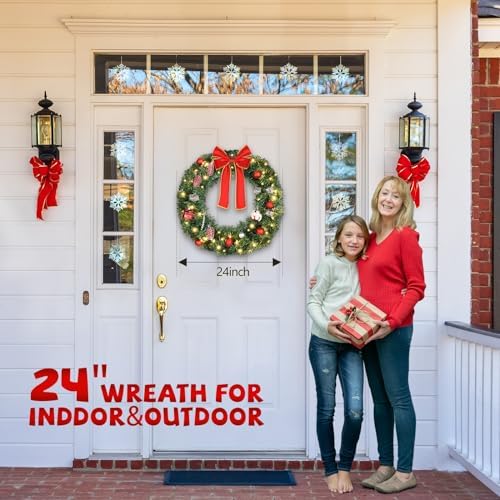 VINGLI 24 Inch Christmas Wreath Prelit Front Door Battery LED Decor Green