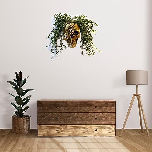 Dolkgy Skull Fence Planter for Outdoor Plants, Spooky Skull Wall Planters for Indoor Outdoor Décor, Funny Gothic Hanging Skeleton Head Plant Pot Gold Face Vase with Drainage