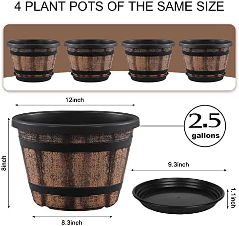 Quarut Plant Pots Set of 4 Pack 12 inch,Large Whiskey Barrel Planters with Drainage Holes & Saucer.Plastic Flower Pots Imitation Wine Barrel Design, for Indoor & Outdoor Garden Home Plants (Brown)