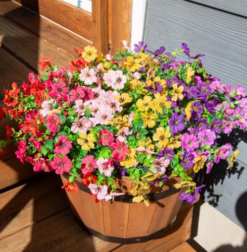 HyeFlora Artificial Flowers for Outdoor Indoor Garden Home Decoration, Faux Flower Daisy with Eucalyptus Leaves Fake Plants Greenery Boxwood Porch Patio, 12 Bundles (Mix Pink Red Purple Yellow)