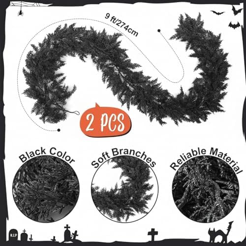 Dingion 2 Pack 9 ft Halloween Black Artificial Cedar Garland