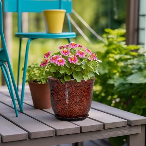 Ceramic Plant Pots - 5.6 Inch Plant Pot Indoor Outdoor, Small Planter with Drainage Hole and Saucer, Round Planter, Orchid Succulent Pots, Garden Room Decor, Gardening Gifts for Women, Red