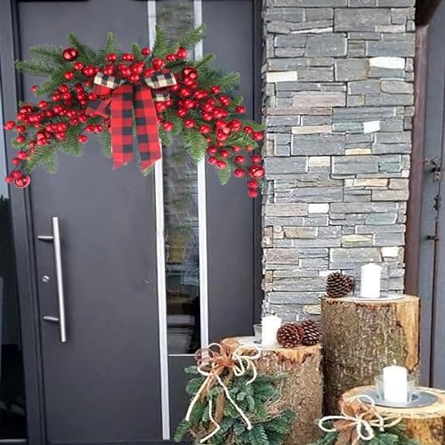 CITYES Christmas Swag Decoration Floral Swag with Berries and Ribbon Bows Christmas Balls 27.56 Inch Greenery Christmas Swag Xmas Door Swag for Front Door Festival Decor Wall Arch Window