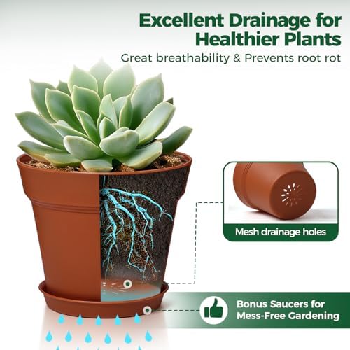 T4U Small Plant Pots 4 Inch 8 Pack, Plastic Indoor Flower Pots Saucer