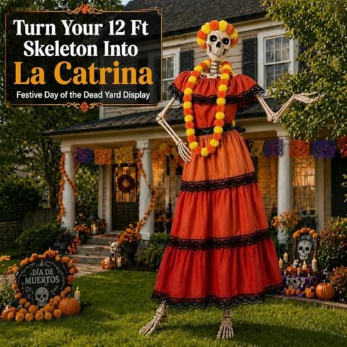 3 Pcs La Catrina Costume Set for 12 Ft Skeleton Day of the Dead Decor
