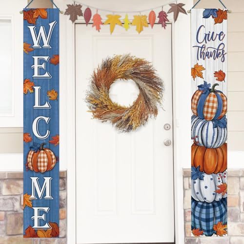 Deroro Welcome Fall Thanksgiving Pumpkin Porch Banner Sign, Blue Autumn