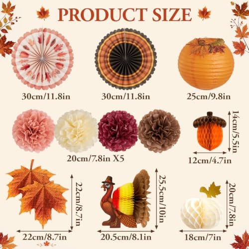 SUNBEAUTY Fall Thanksgiving Decoration Honeycomb Turkey Pumpkin Table Decor Paper Pom Poms Pumpkin Lantern Maple Leaf Garland for Fall Friendsgiving Thanksgiving Autumn Harvest Party Supplies