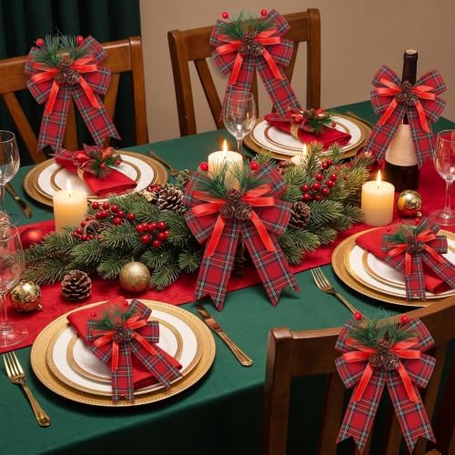 Moucuny 6 Pcs Christmas Burlap Bows Red and Green Plaid