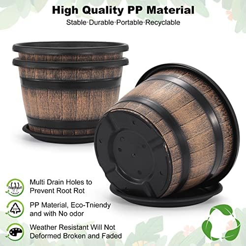 Quarut Large Plastic 3 Pack16 inch Plant Pots,Whiskey Barrel Planters with Drainage Holes & Saucer.Flower Pots Imitation Wine Barrel Design for Indoor & Outdoor Garden Balcony Plants.7 Gallons(Brown)