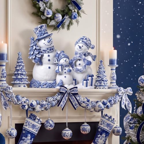 Suzile 3 Pcs Chinoiserie Snowman Decor, Wooden Winter Tiered Figurines