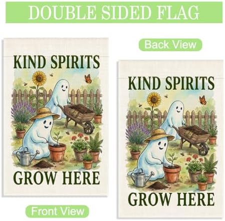 Kind Spirits Grow Here Garden Flag, Halloween Ghost Gardening Decor, 12 x 18 Inch Double Sided Cute Floral Planting Yard Flag, Halloween Gifts for Gardener Neighbor Friend Family Plant Lover