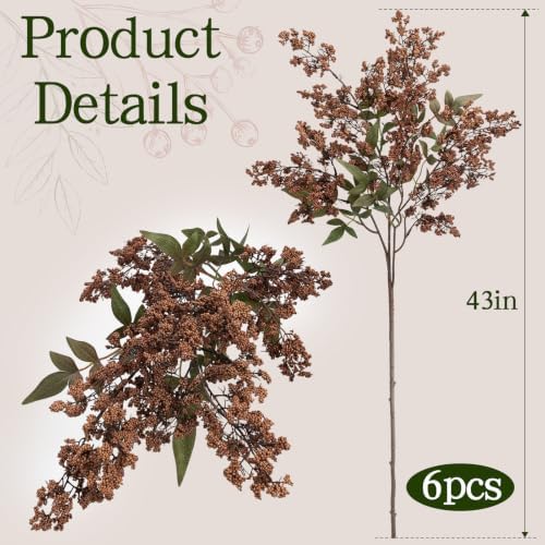6 Pcs 43'' Artificial Nandina Berry Stems Brown Faux Branches Home Decor
