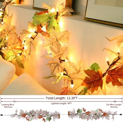 Fall Decorations Lighted Fall Garland, 9FT 50 Count Incandescent Lights Brown Wire UL Certified Connectable Maple Leaves String Lights for Home Fireplace Mantle Thanksgiving Decor