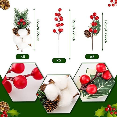 Yunlly 60 Pcs Christmas Pine Picks Holly Berry Pinecones, Stylish Style