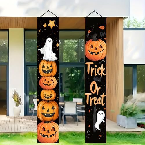 BlissYard Halloween Porch Banner 12x71 Inch Trick or Treat Door Sign Jack O Lantern Pumpkin Outdoor Hanging Decoration Happy Halloween Vertical Yard Flag for Home Party Entryway