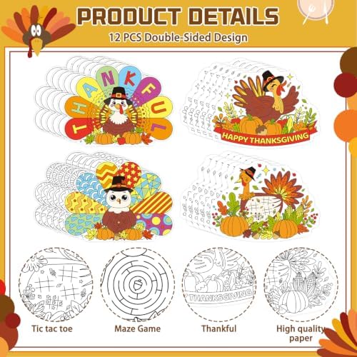 12 PCS Thanksgiving Coloring Placemats Turkey Thanksgiving Paper Placemats