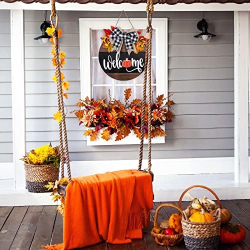 Whaline Fall Thanksgiving Welcome Sign Farmhouse Wooden Hanging Sign with Bow Artificial Berries Rustic Wood Door Hanger for Autumn Harvest Holiday Home Office Window Decoration