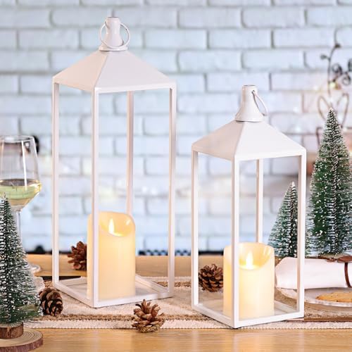 White Decorative Lantern Decor 17" 13" Set of 2 Wedding Lantern with Candle