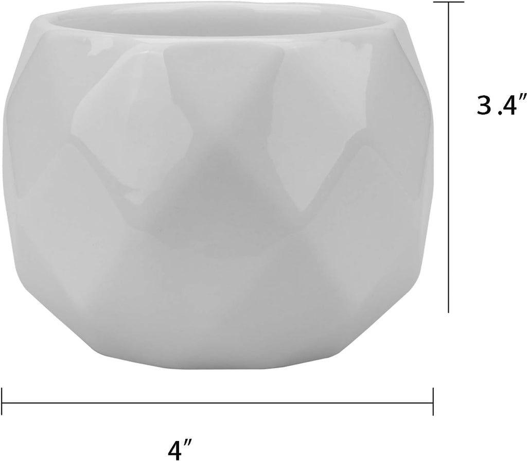 6 Pack Ceramic Succulent Planter Pot with Bamboo Tray, 4 Inch Small White Diamond Shaped Cactus Herb Flowers Planter