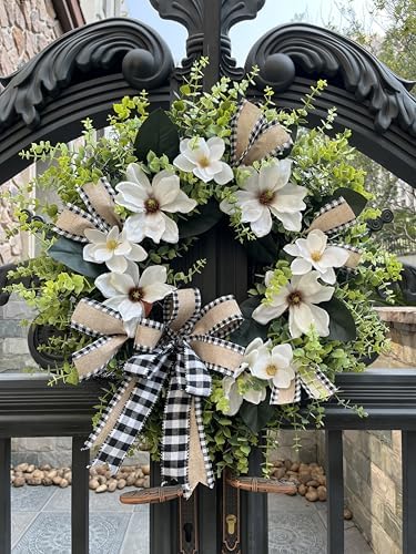 24 Inch Artificial Magnolia Wreath for Front Door – Farmhouse Boxwood Greenery Wreath with Buffalo Plaid Bow, Year-Round Rustic Home Wall Decor for Porch, Entryway, Living Room