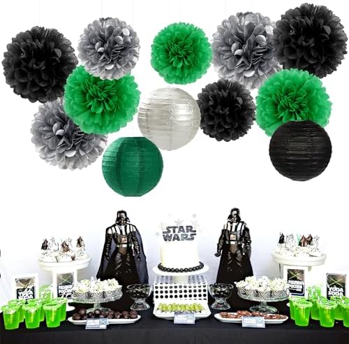 Green-Black Silver Party-Decorations Paper Flowers Lanterns - 15PCS Football Game Day Birthday Tissue Pom Poms Streamers, Bachelorette New Years Hanging Supplies Decor Hugfond