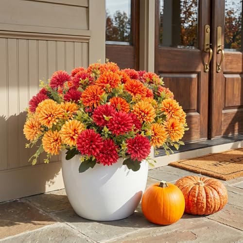 24 Pcs Artificial Mums Flowers for Outdoor, UV Resistant Fake fall Chrysanthemums Marigold Plant, Autumn Floral Arrangements for Outside, Garden, Yard (24, Orange, Burnt Orange, Red, Burgundy)