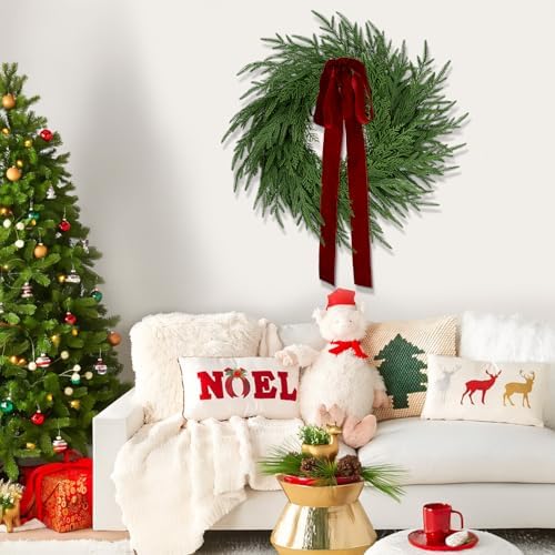 ENVEN Artificial Norfolk Pine & Cedar Christmas Wreath with Velvet Bow – Real Touch Faux Greenery Holiday Front Door Decoration for Indoor Outdoor Use