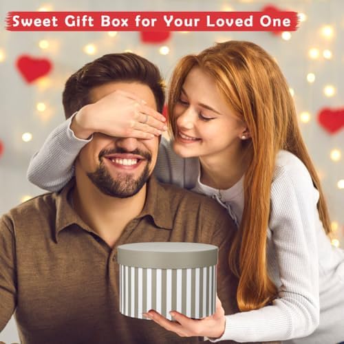 Gift Boxes with Lids for Presents Warm Grey and White Striped Round Box for Flower Arrangements Set of 4 Nesting Gift Boxes Bulk for Bridesmaid, Proposal, Wedding, Birthday, Party Favor Graduation