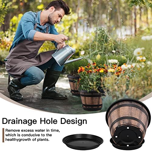 Quarut Plant Pots Set of 4 Pack 12 inch,Large Whiskey Barrel Planters with Drainage Holes & Saucer.Plastic Flower Pots Imitation Wine Barrel Design, for Indoor & Outdoor Garden Home Plants (Brown)