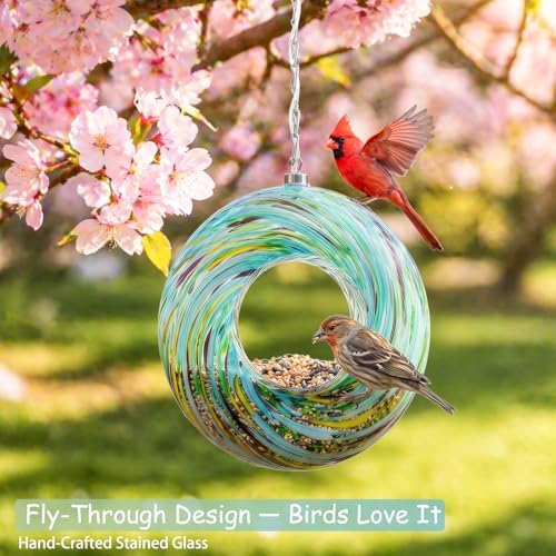 Yinns Glass Bird Feeder Outside, Hanging Solar Birdfeeder for Garden Decor