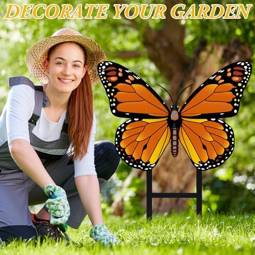 1 Pcs Orange Butterfly Metal Garden Stake 16.5'' Outdoor Decor