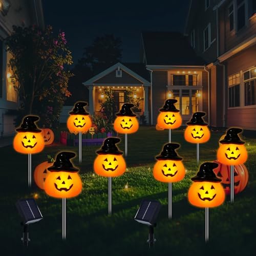 BRIGHTDECK Halloween Pumpkin Stake Lights, Set of 10 Solar Pumpkin Lights, Waterproof Halloween Decorations for Outdoor Garden and Yard (Hat Pumpkin)