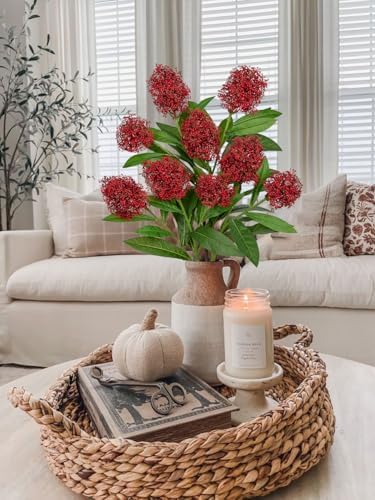 Briful 3PCS Artificial Flowers Faux Skimmia Spray with Leaves 22.8 Inch Long Stem Fake Flowers for Home Vase Table Centerpiece Floral Arrangement Wedding Bouquet (Red)