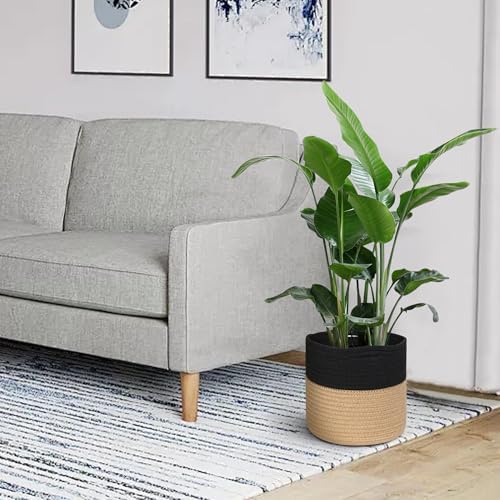 MEGASKET Wicker Plant Basket Indoor, 8"x8"x8" Jute Spliced Cotton Rope Basket Planter up to 7" Pot, Modern Woven Flower Tree Pots Cover, Small Floor Indoor Planters, Home Decor Storage Bin