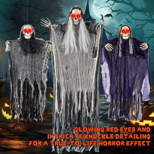 Halloween Decorations Outdoor, 3 Pack Glowing Eyes Hanging Skeleton Ghosts