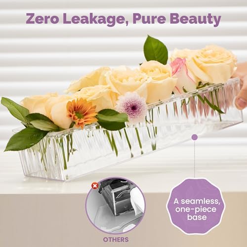3 Pack Leak-Proof Wave Design Rectangular Flower Vases For Centerpieces - 24" Clear Flower Rectangle Vase as Floral Centerpieces for Tables, Long Flower Vase with 12 Holes as Flower Arrangement Holder