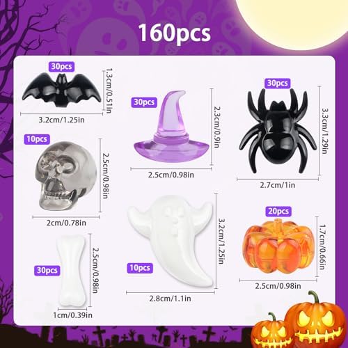 Jangostor 160 PCS Halloween Acrylic Spider Mini Pumpkins Bat Ghost Skull Hat Acrylic Sensory, Halloween Vase Filler Gems for DIY Crafts, Home, Halloween Table Decoration