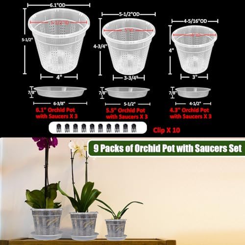 Orchid Pot with Saucers, 3 Each of 4.3",5.5",6.1" Orchid Pots with Holes,9 Pack Clear Planter for Indoor Outdoor Plants (3 Each of 4.3",5.5",6.1" with Saucers)