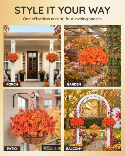 Artificial Fake Orange Fall Mums Flowers Planter Hanging Basket for Outdoor