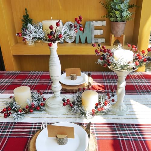 Winlyn 4 Pcs Artificial Pine and Berry Candle Rings Wreaths Snowy Pine Needle Red Berry Mini Christmas Wreaths 10.2" for Winter Wedding Home Holiday Party Decorations Mantel Door Table Centerpiece