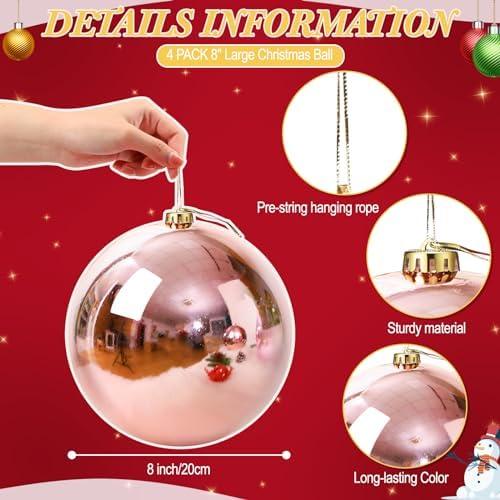 Zubebe 8" 4 Pcs Large Christmas Ornaments Ball, Shiny Rose Gold