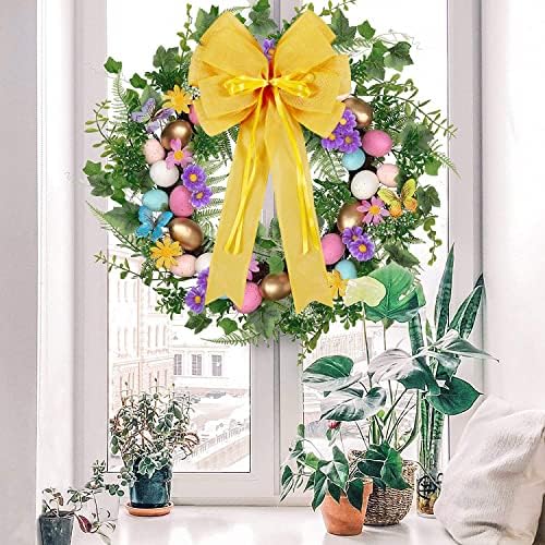 Hongsome 2 Pcs Large Yellow Easter Wreath Bow Decor, Classic Glitter String & Burlap Ribbon, Spring/Summer/Autumn/Winter Tree Topper Bows